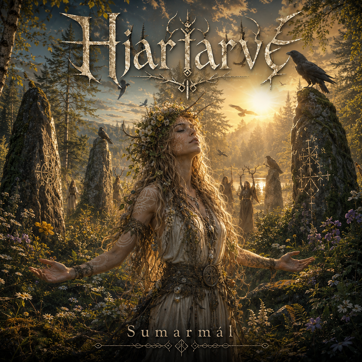 Sumarmál! (Drink the Long Sun Down) — Hjartarvé. A flower-crowned summer priestess stands with arms open in a sunlit forest clearing, ringed by rune-carved standing stones and watching ravens, golden light breaking over the northern trees.