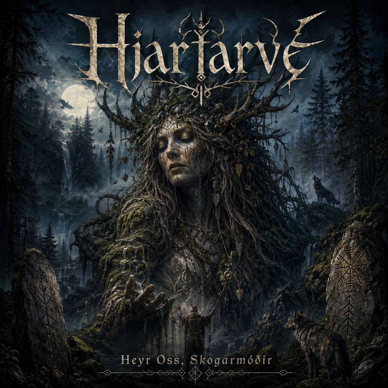 Heyr Oss, Skogarmóðir — Hjartarvé. A moss-crowned forest-mother with antlers stands before a moonlit northern woodland, her gaze lowered, draped in lichen and roots.