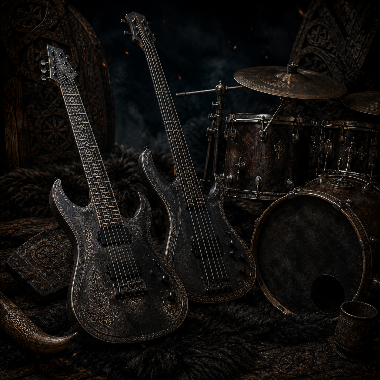 The modern engine room — distorted guitars, bass, and drum kit